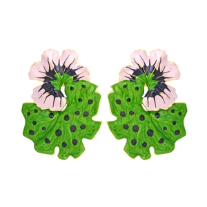 Luxury enamel flower earrings with pink petals and green dotted leaves in gold finish