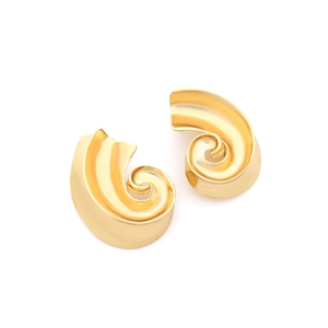 Polished gold spiral C-shape metal earrings with seashell texture in a vintage geometric design