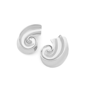Polished silver spiral C-shaped metal hoop earrings with minimalist geometric design