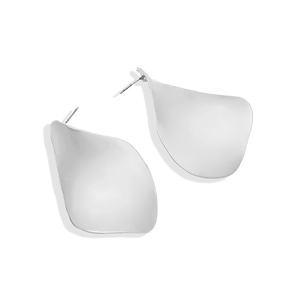 Macro detail of silver-toned twisted metal leaf earrings with a brushed matte texture