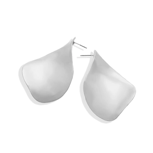 Abstract leaf earrings with matte silver finish and minimalist petal shape on white background