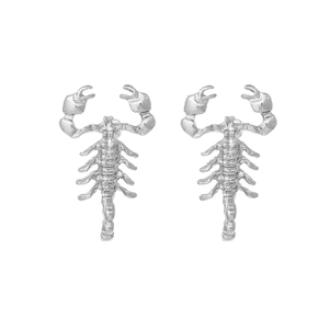 Gothic style polished silver scorpion stud earrings with detailed 3D carving on white background