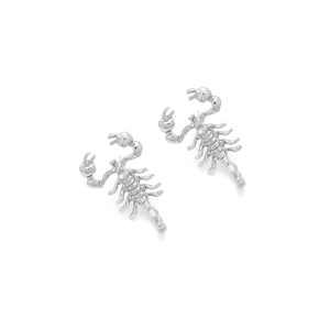 Gothic style silver metal scorpion stud earrings with detailed anatomical design