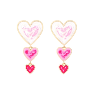 Three-tier gradient heart earrings in pink and white enamel with gold metal finish