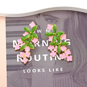 Floral enamel earrings with pink petals and green leaves in pastoral gold alloy style