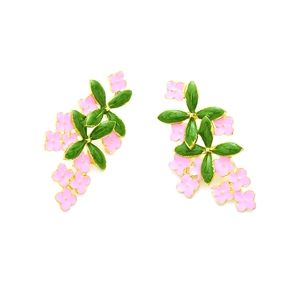Pastoral style floral drop earrings with pink enamel flowers and green leaves on gold alloy