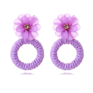 Resin Flower Rhinestone Drop Earrings With Handmade Woven Raffia Hoop Summer Vacation Boho For Women