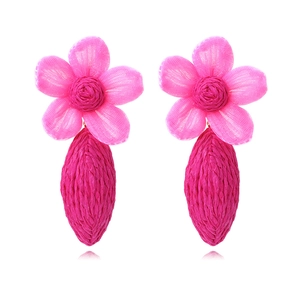 Boucles D'Oreilles Pendantes Fleurs En Raphia Faites Main Pétales En Maille Tissé Style Vacances Bohème Bijoux Élégants