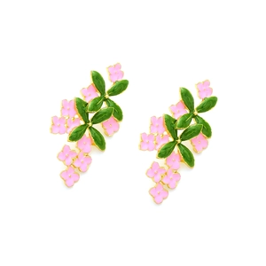 Pastel pink enamel flower earrings with green leaves and gold trim on white background