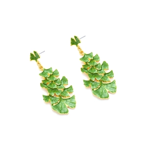 Elegant gold ginkgo leaf dangle earrings with green enamel coating in a layered design