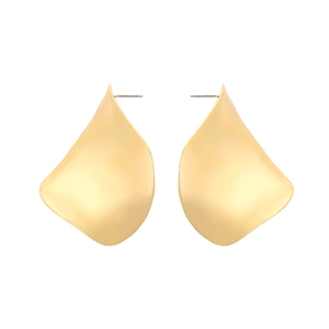 Minimalist matte gold metal leaf drop earrings with irregular curved surface for women