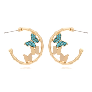 Alloy Rhinestone Butterfly Hoop Earrings C Shaped Bamboo Joint Texture Fashion Jewelry Women