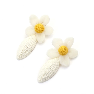 Détail de boucles d'oreilles marguerite en maille blanche avec centre en raphia tissé