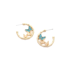 Golden C-shaped hoop earrings with bamboo texture and blue crystal butterfly accents