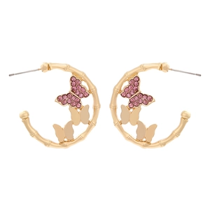 Elegant C-shaped gold-plated butterfly earrings with pink crystal and bamboo texture