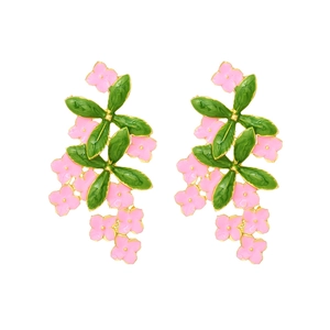 Pastel pink enamel flower earrings with green leaf accents on gold-plated metal base