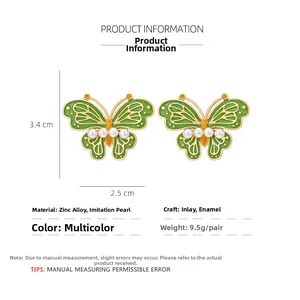 Detailed size specifications of green enamel butterfly earrings with imitation pearls