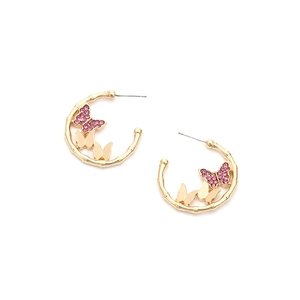 Elegant gold butterfly hoop earrings with pink rhinestones on a minimalist C-shape band