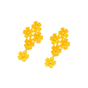 Detailed view of yellow enamel daisy drop earrings with cluster floral design on white background