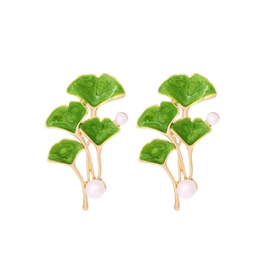 Ginkgo Leaf Earrings Enamel Green Plant Design With Imitation Artificial Pearl Zinc Alloy Nature Style Elegant For Women