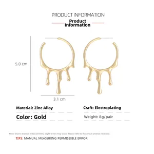 Detailed view of liquid-style drop earrings in gold zinc alloy with 5.0cm height
