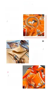 Detail of silk-like scarf featuring classic horse carriage print and fine edge stitching