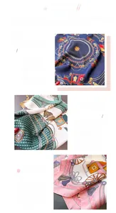 Detail of silk-like square scarf showing navy blue and green prints with fine edge stitching