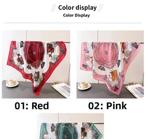 Detail view of silk scarves with vintage horse carriage prints in red and pink colors