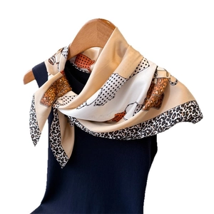 Fashion leopard print faux silk square scarf with chain pattern on wooden hanger