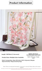 Detail of red tulip floral print scarf made of soft faux silk measuring 180x85cm