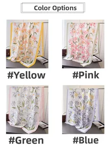 Floral satin silk scarves in yellow, pink, green, and purple displayed on racks