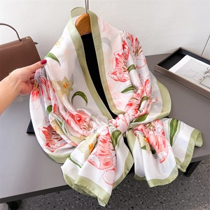 Floral print faux silk shawl featuring pink tulips and elegant green borders for women