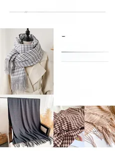Close-up of houndcheck pattern texture and handmade tassel details on cashmere scarf