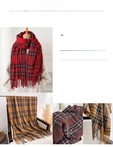 Detail of soft cashmere-like knit texture and fringes on various plaid scarves