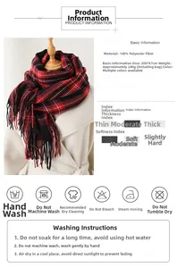 Detail of red and black plaid scarf with fringe showing size specifications and material
