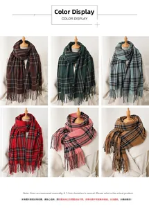 Color display of vintage plaid cashmere-like scarves with tassel details in six variants