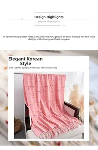 Detailed shot of pink plaid polyester scarf with soft fringes and smooth texture