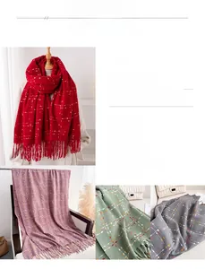 Detailed view of soft plaid cashmere-like scarf texture with elegant hanging tassels