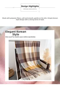Detail of plaid scarf featuring brown and beige tassels on a stylish armchair