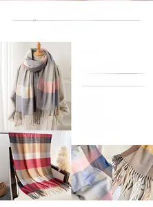 Detail view of colorful plaid pattern and soft tassels on long cashmere-like scarf