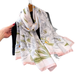 Elegant silk scarf with realistic tulip floral pattern in soft lavender and pink tones