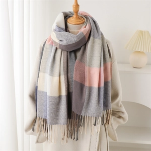 Plaid tassel scarf in Morandi pink and grey, thick cashmere-feel shawl for winter warmth