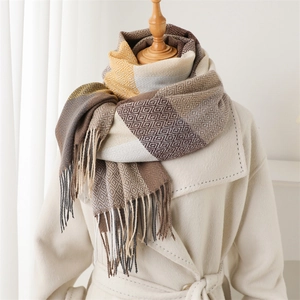 Women's autumn plaid long scarf with tassels in brown, yellow, and grey contrast colors