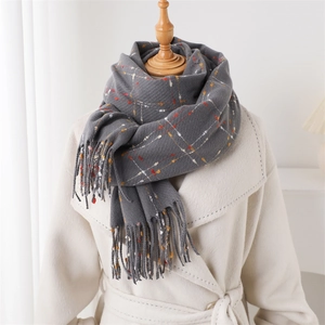 Detail of soft charcoal grey cashmere-feel scarf with colorful dotted plaid and long fringes