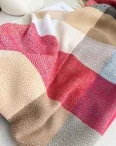 Close-up of geometric diamond pattern and tassel texture on thick multicolored winter scarf