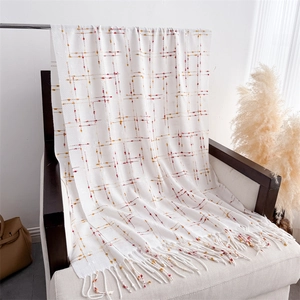 Detail of cream knit shawl featuring colorful plaid pattern and long tassel edges
