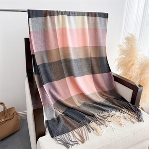 Detail of checkered cashmere-feel scarf with long fringe tassels in soft pastel colors