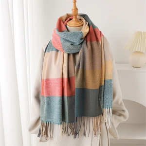 Patchwork Plaid Winter Scarf Imitation Cashmere Tassel Warm Shawl Versatile Elegant Large Wrap Fashion For Women