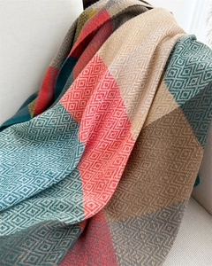 Close-up of geometric plaid pattern and soft knit texture of the winter cashmere scarf