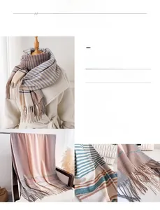 Close-up of color-block striped cashmere-feel scarf with soft fringe and knit texture